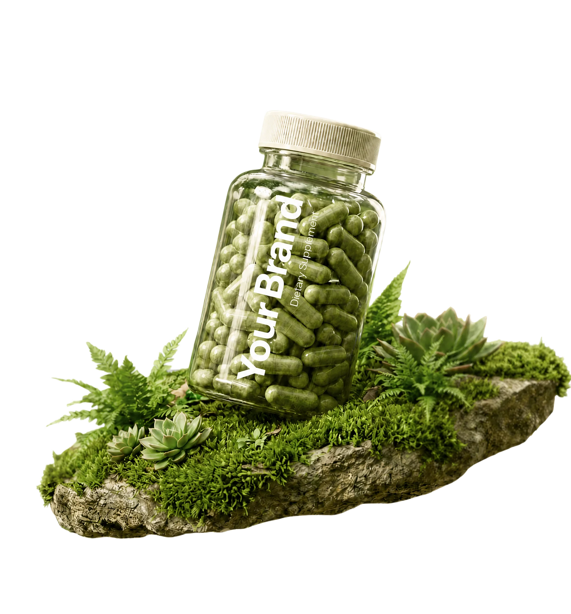 Supplement bottle labelled Your Brand, filled with green capsules